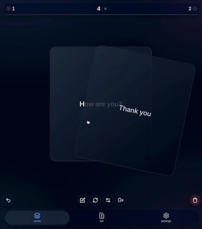 Swiped card screen from the app